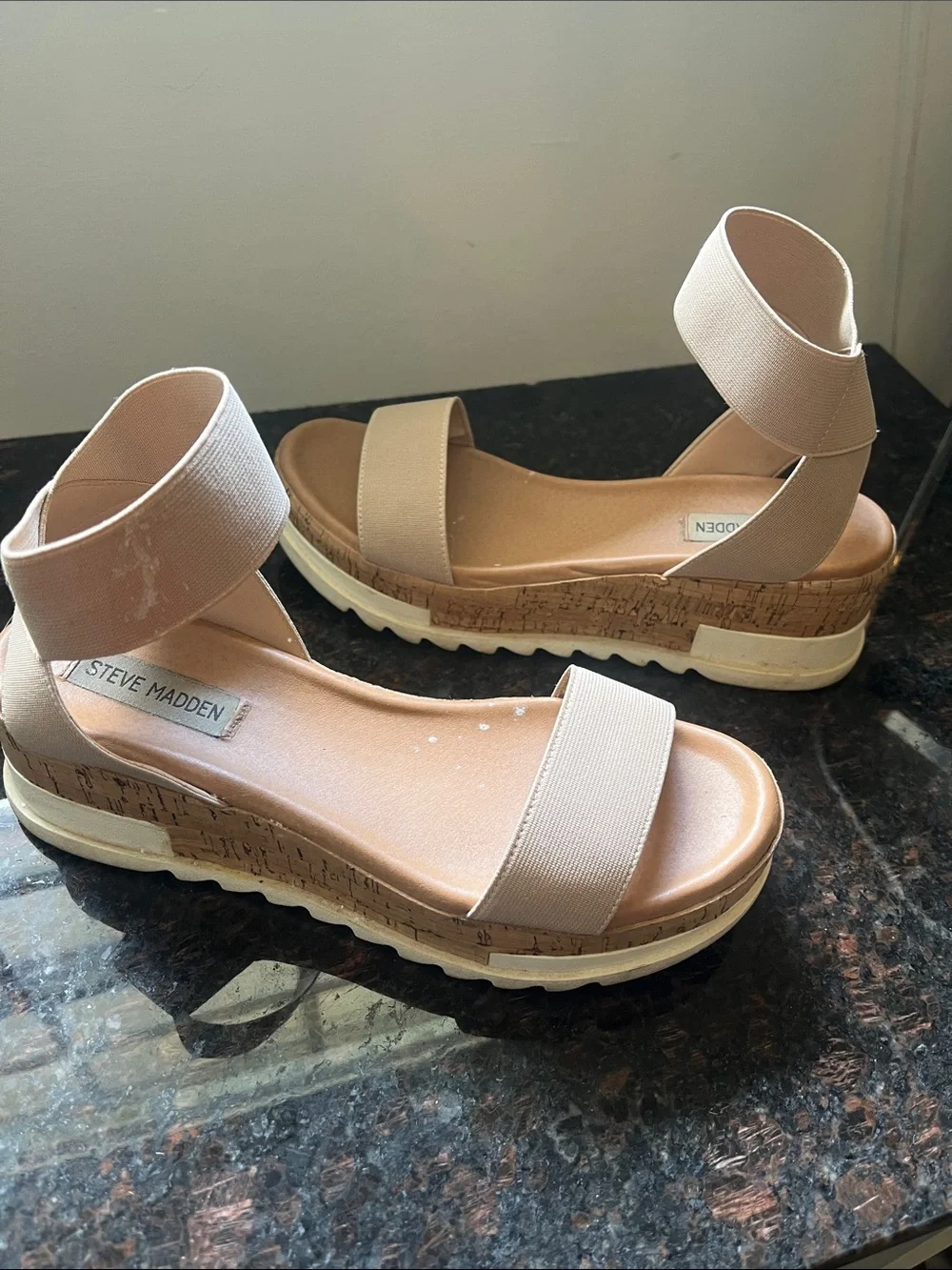 Steve Madden Neutral Beige Cork Platform Sandal with Ankle Band - Picture 8 of 9
